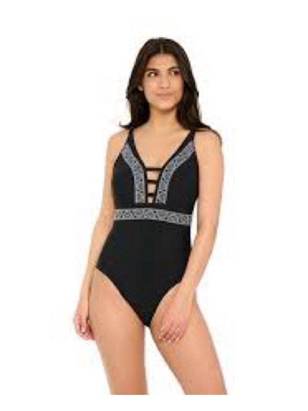 Black One-Piece Swimsuit with White Embroidery